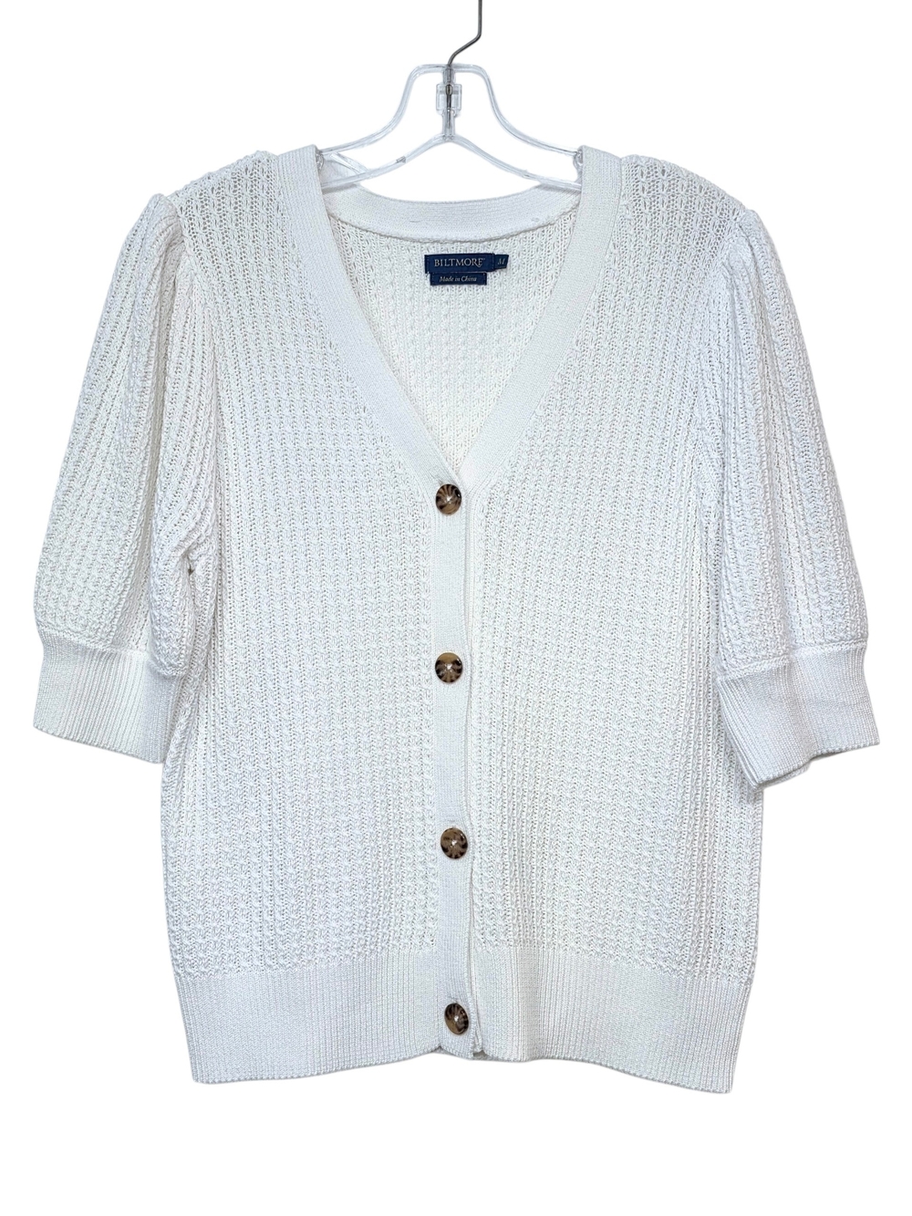 Biltmore White Knit Puff Sleeve Cardigan Sweater Medium V-Neck Button Front
